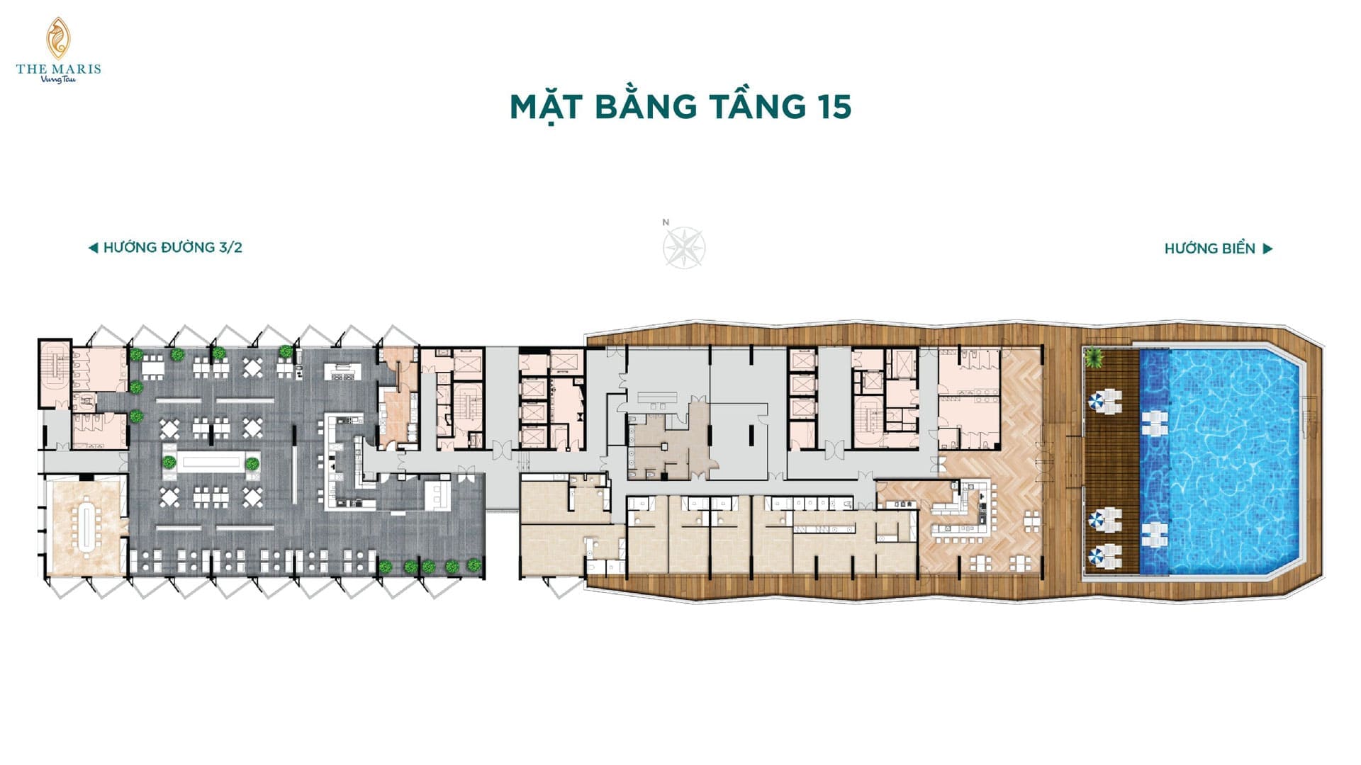 Mặt bằng điển hình tầng 15 tháp Atlantic dự án The Maris Vũng Tàu