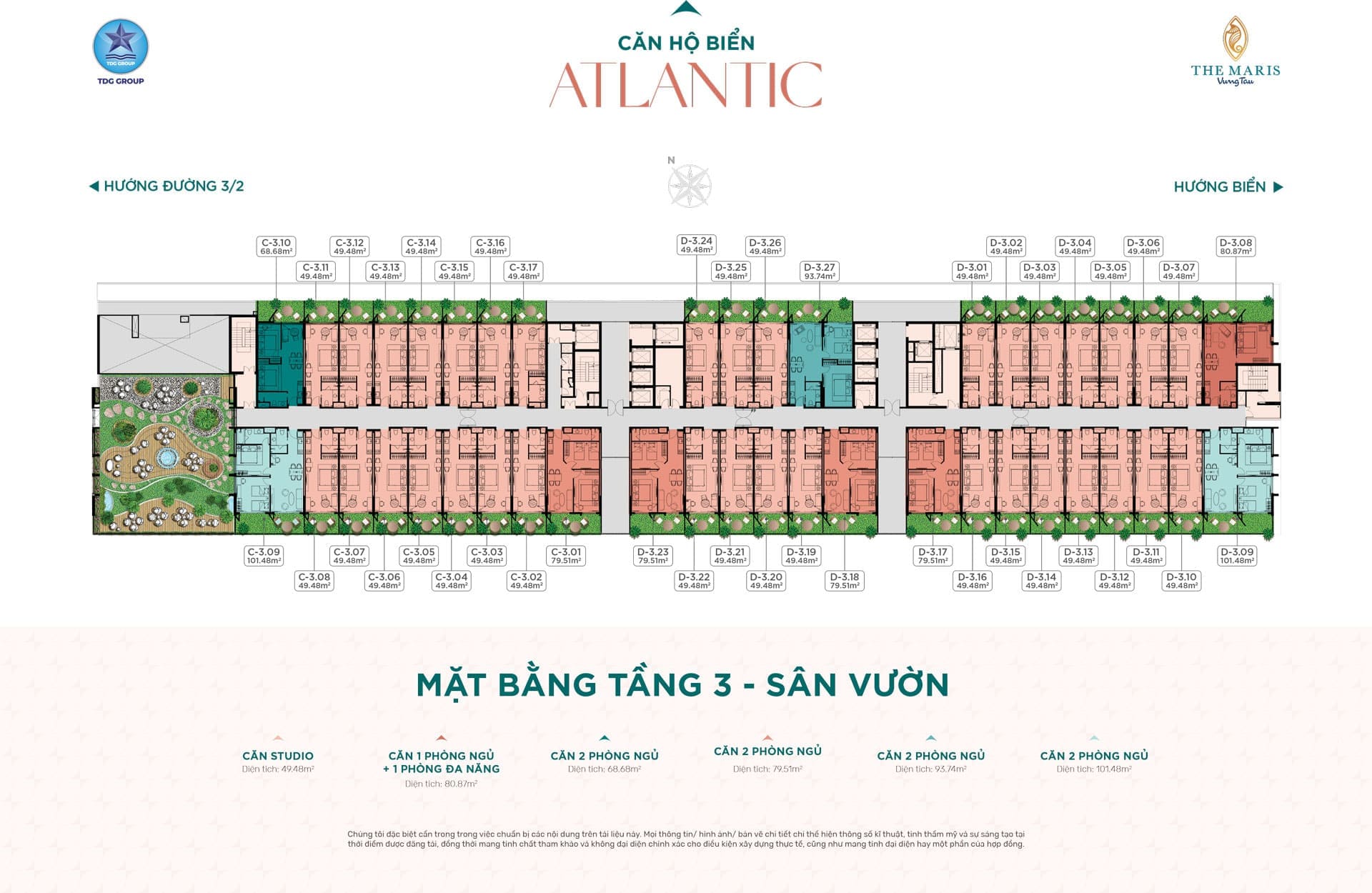 Mặt bằng điển hình tầng 3 tháp Atlantic dự án The Maris Vũng Tàu